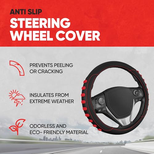 Image of Motor Trend FlexGrip Red Steering Wheel Cover for Cars - Standard 15 inch Car Steering Wheel Cover, Red and Black Steering Wheel Protector for Auto Truck Van SUV