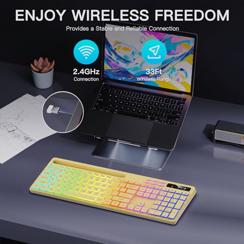 Image of Soueto Wireless Keyboard with 7-Color RGB Backlit, Full-Size Computer Keyboard with Phone Tablet Holder, 2.4G Rechargeable Gaming Keyboard with Light Up Keys, Compatible with Mac, Windows (Yellow)