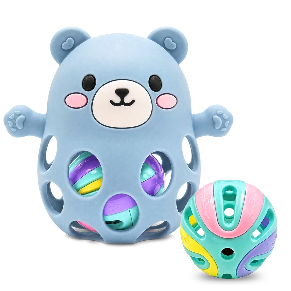 Oso Sonajero y Mordedor para bebé, Mordedor Bebe Refrigerante, Juguetes Montessori para bebes 6-12 meses, Regalo recien nacido, Teether (azul grisáceo)