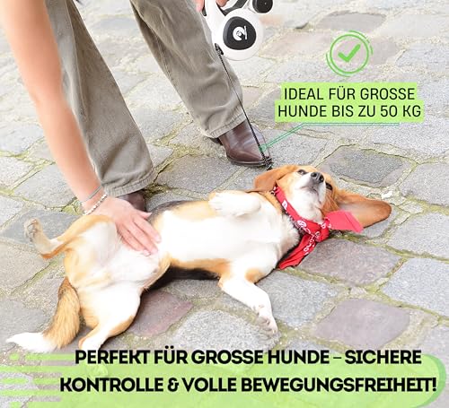 Snuggle Paws Hundeleine 5m Ausziehbar – Alles-in-Einem: Verbesserter LED-Lampe, Kotbeutelspender, Anti-Kau-Stahlseil & Reflektierendem Gurtband | Rollleine für Große Hunde bis 50kg