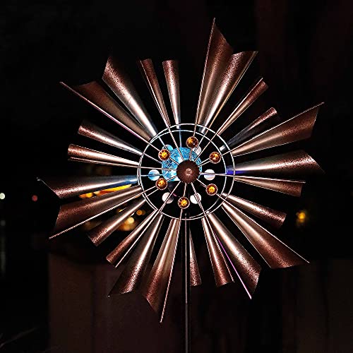 Joyathome 78in Large Solar Wind Spinner Argent and Brown Metal Finish Color Changing LED Lighting Solar Powered Glass Ball with Kinetic Dual Direction for Patio Lawn & Garden