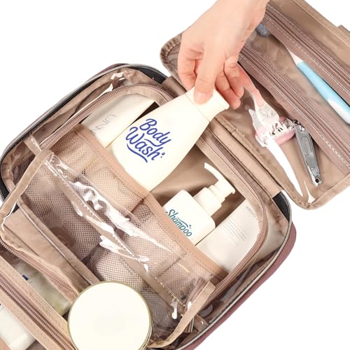 Image of NISHEL Travel Toiletry Bag for women, Portable Hanging Organizer for Travel-Sized Shampoo, Conditioner, Brushes Set, Makeup Accessories, Medium Size, Rosewood-Pink