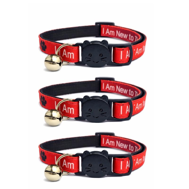 Worded Cat Collars with Bell – Please Do Not Feed Me, I Am Microchipped | Safe Quick Release Breakaway Buckle | Zacal Cat Collars (4. Red, I Am New To The Area, Pack of 3)