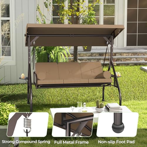 Image of SUNCROWN Outdoor 3 in 1 Porch Swing Chair, 3 Seat Patio Swing Glider with Adjustable Canopy, Heavy Duty Swings with Thickened Cushions, Pillows & Cup Holders for Garden, Backyard, Porch, Brown