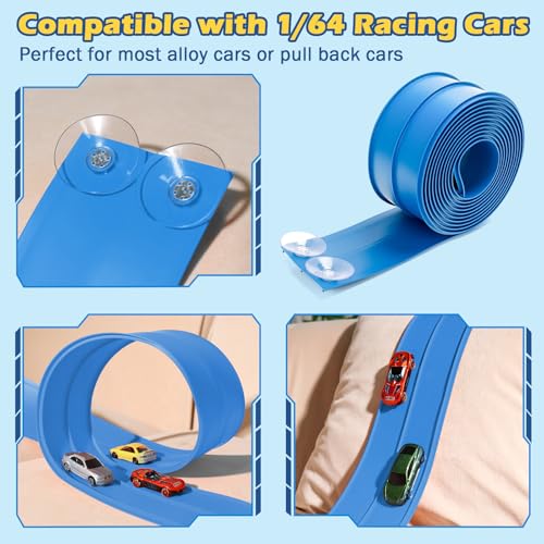 Image of Flex Tracks 15 Ft Starter Set Flexible Race Track for Kids 3+, Flexible Car Track Race Car Ramp Track Compatible with Diecast 1 /64th Cars, Portable Rolls Up Race Tracks with Strong Suction Cups