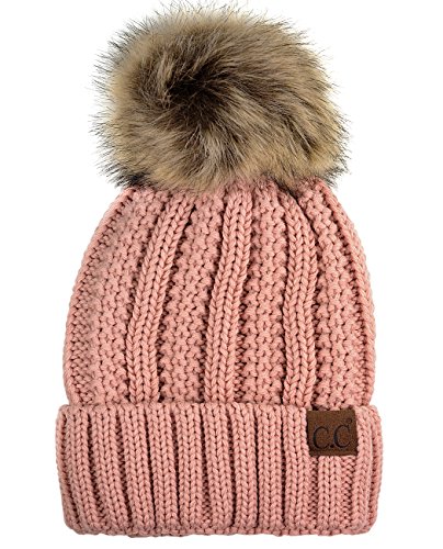 C.C Thick Cable Knit Faux Fuzzy Fur Pom Fleece Lined Skull Cap Cuff Beanie, Indi Pink