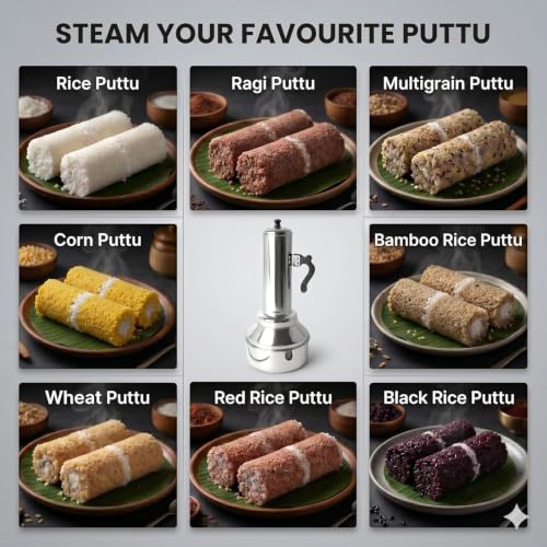 Image of Nakshathra Stainless Steel Puttu Maker /Puttu Kodam with Lid - 1 Unit (13.5 in) | Food Grade Stainless Steel Bakelite Handle Induction and Gas Compatible