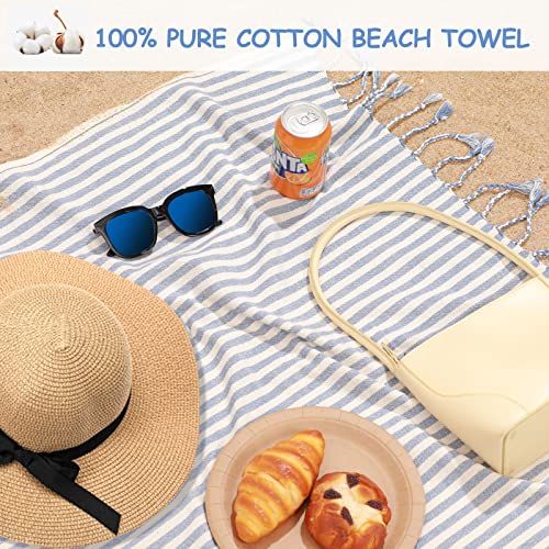 Joto Turkish Beach Towel (39 X 79) 100% Cotton Oversize Stripe Towel With Fringe Tassels, Extra Large Peshtemal Sand Free Blanket For Travel Pool Spa Gym Yoga Camping –Bluewhite #TOP7