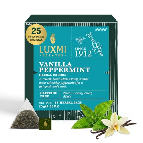 Image of Luxmi Estates Vanilla Peppermint Herbal Tea, 25 Tea Bags (25g, 0.88oz), Caffeine-Free Two-Ingredient Blend with Real Peppermint Leaf & Natural Vanilla | Soothing After-Dinner Cup, Vegan