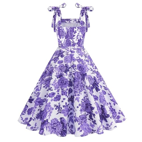 50s Dresses for Women 1950s Vintage Floral Cocktail Swing Dress Retro Tie Straps Backless Rockabilly Prom Tea Party Dresses3