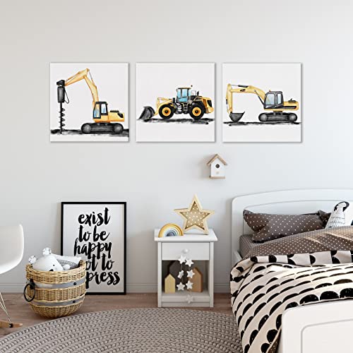 Yuzi-N Set Of 3 Construction Truck Nursery Posters Canvas Wall Art & Tabletop Decoration For Home Boys Bedroom Playroom, Digger Dump Truck Vehicle Art Canvas Prints Easel & Hanging Hook 12X12 Inch #TOP3