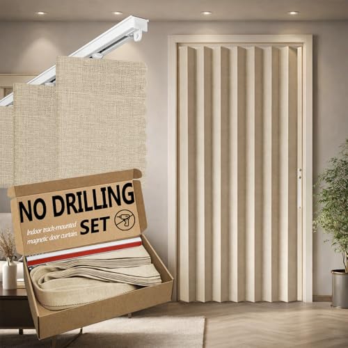 Jilron Accordian Door Curtain Install Adhesive Track 100% Blackout Doorway Curtains Suitable for Bedroom Closet Interior Room Divider Beige 43 W78 L 1 Piece