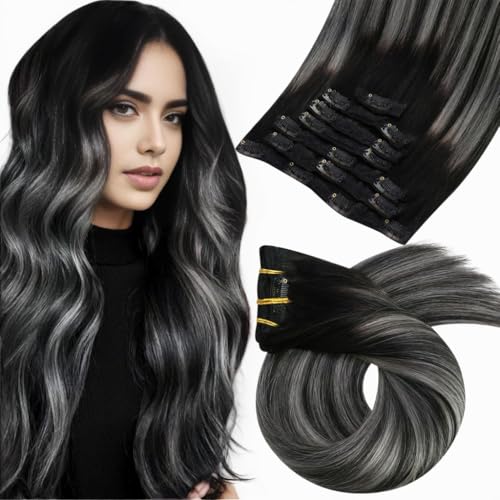 Image of Moresoo Ombre Clip in Hair Extensions Black Silver Human Hair 16 inch 120g | Human hair extensions clip ins, black and silver balayage, real human hair adds cool contrast for daily or photo looks, 7pcs