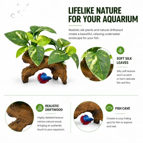 Image of 9-Pack Silk Aquarium Plants & Driftwood Cave Fish Tank Decor Accessories | Soft Silk Plants Aquarium Decorations, Fish-Friendly, Small Fish Tank Decorations for Betta, Shrimp, Cichlid Tank & Reptiles