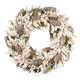 36cm Christmas Wreath Natural Pine Cone and Crocus Hanging Wreath Door Decoration (Ivory White)