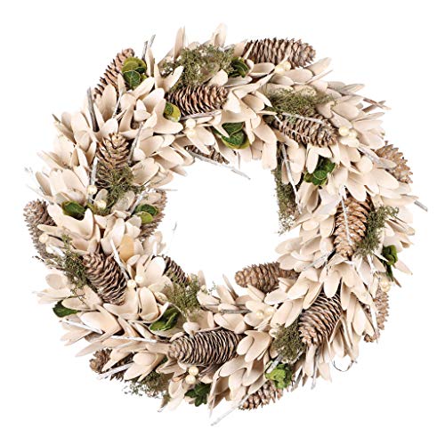 Dibor - 36cm Christmas Wreath Natural Pine Cone and Crocus Hanging Wreath Door Decoration (Ivory White)