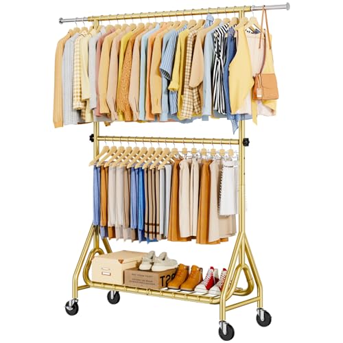 Image of Double Rods Clothing Rack, Heavy Duty Clothes Rack for Hanging Clothes Load 560LBS, Metal Rolling Garment Racks with Wheels, Freestanding Clothes Hanging Racks, Gold