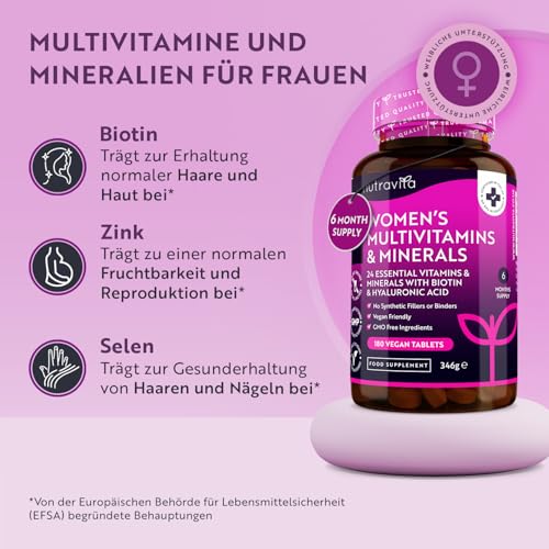 Multivitamine & Mineralien für Frauen - 24 essentielle aktive Vitamine & Mineralien mit zusätzlicher Hyaluronsäure - 180 vegane Tabletten - keine synthetischen Füllstoffe oder Bindemittel - Nutravita – Bild 2