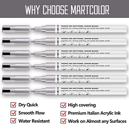 Martcolor Silver Metallic Paint Pens - 6 Pack Acrylic Paint Marker For Rock Painting, Stone, Wood, Canvas, Glass, Metal, Ceramic, Tire, Paper, Drawing, Highlight Water-Based Paint Sets #TOP2