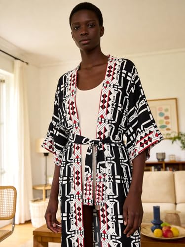 Image of Checked Kimonos for Women Womens Check Print Beach Kimonos Long Sleeve Kimono Duster Soft Light Weight Kimono Cover up Cover up Loose Open Front Beach Cover up Summer Cardigans with Belt (778 Check)