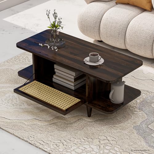 Image of SIDHI Solid Sheesham Wood Coffee Table & Center Table with Rattan Cane Lift-Down Shutter & Both Side Open Shelves for Living Room (Walnut Finish)