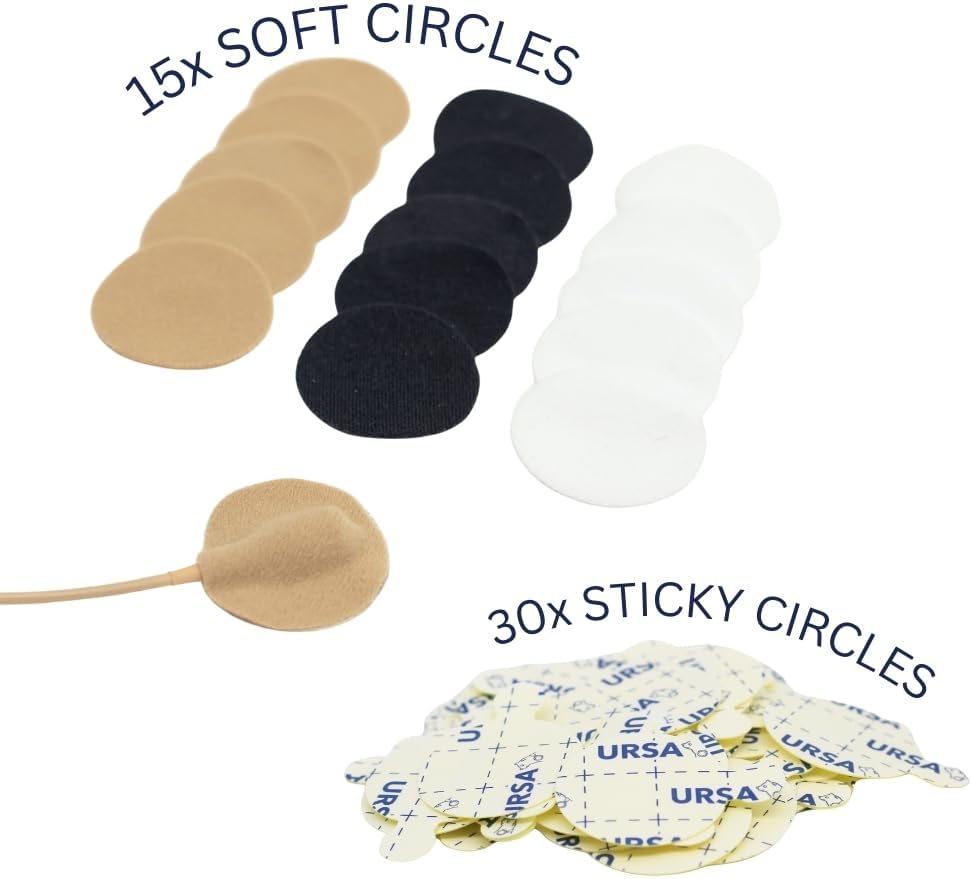 URSA Soft Circles - 15 Pack (Black) | Reusable Soft Lav Mic Covers with 30 Stickies | Mini Windshield, Clothing Rustle Reduction & Camouflage for Lavalier Microphones | Low-Profile, Skin-Safe, Durable