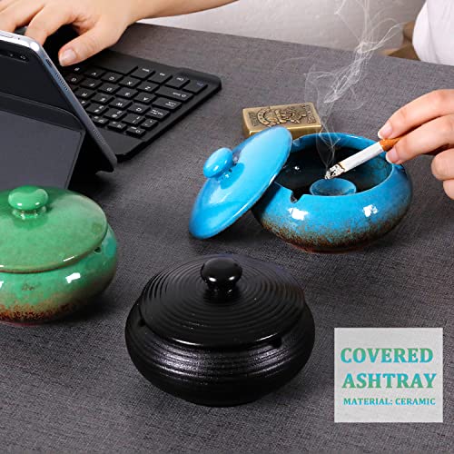 Sogyupk Ceramic Ashtray With Lid,3 Pieces Classic Color Windproof Ashtray,Cigarette Ashtray For Indoor And Outdoor,Desk Ashtray Decor Home,Office,Bar,Cafe,Handmade Ashtray Gift For Smokers(3-Pack) #TOP6