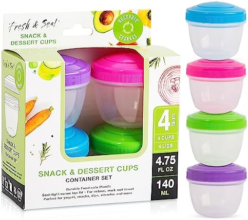 Snack Containers (4 Set) - 4.75 Oz Small Food Storage Cups with Lids - Fruit, Nuts, Sauce, Condiments, Salad Container for Lunch Box - Reusable Dessert Cups, Microwave and Freezer Friendly, BPA-free (S/4 Multi)