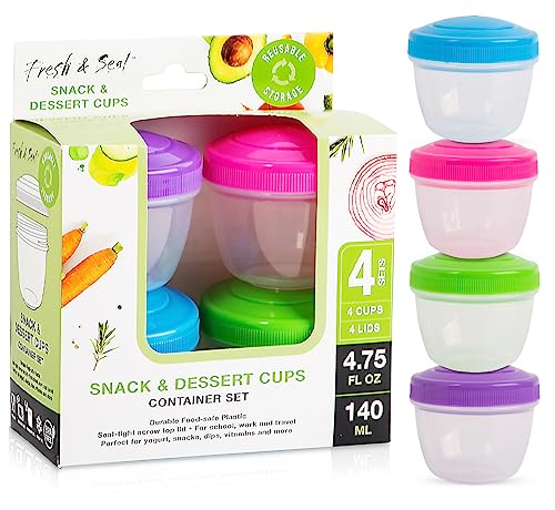 Snack Containers (4 Set) - 4.75 Oz Small Food Storage Cups With Lids - Fruit, Nuts, Sauce, Condiments, Salad Container For Lunch Box - Reusable Dessert Cups, Microwave And Freezer Friendly, Bpa-Free (S/4 Multi) #TOP2
