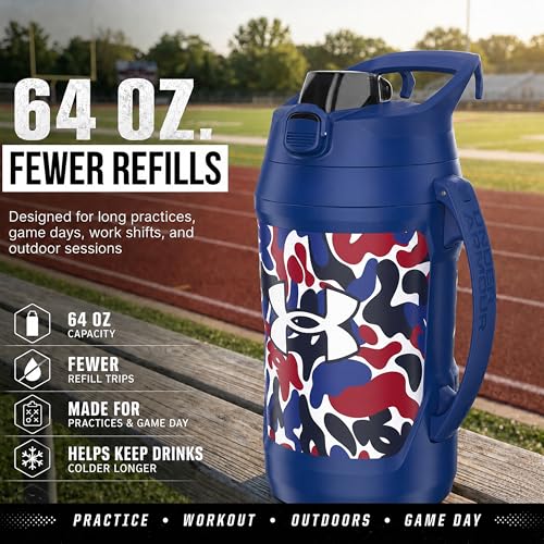 Image of Under Armour Insulated Water Bottle with Handle & Fence Hook, Half Gallon Sports Water Jug, Leak-Resistant & BPA-Free for Baseball, Football & Gym - Royal Hypercamo, 64oz