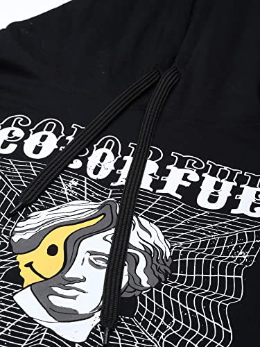Image of Maniac Mens Printed Hooded Neck Full Sleeve Black and White Boxy Fit Cotton T-Shirt
