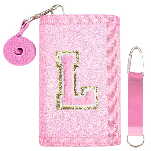 SiorVeol Carteira infantil para meninas com três dobras iniciais com glitter e compartimentos para cartão, incluindo cordão de pescoço e alça para pendurar, rosa, G
