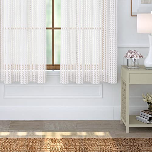 Image of Story@Home Sheer Linen Look Striped Semi Transparent Voile Grommet Elegance Window Curtains 46 x 60 Inch Long, Set of 2 Panels, White