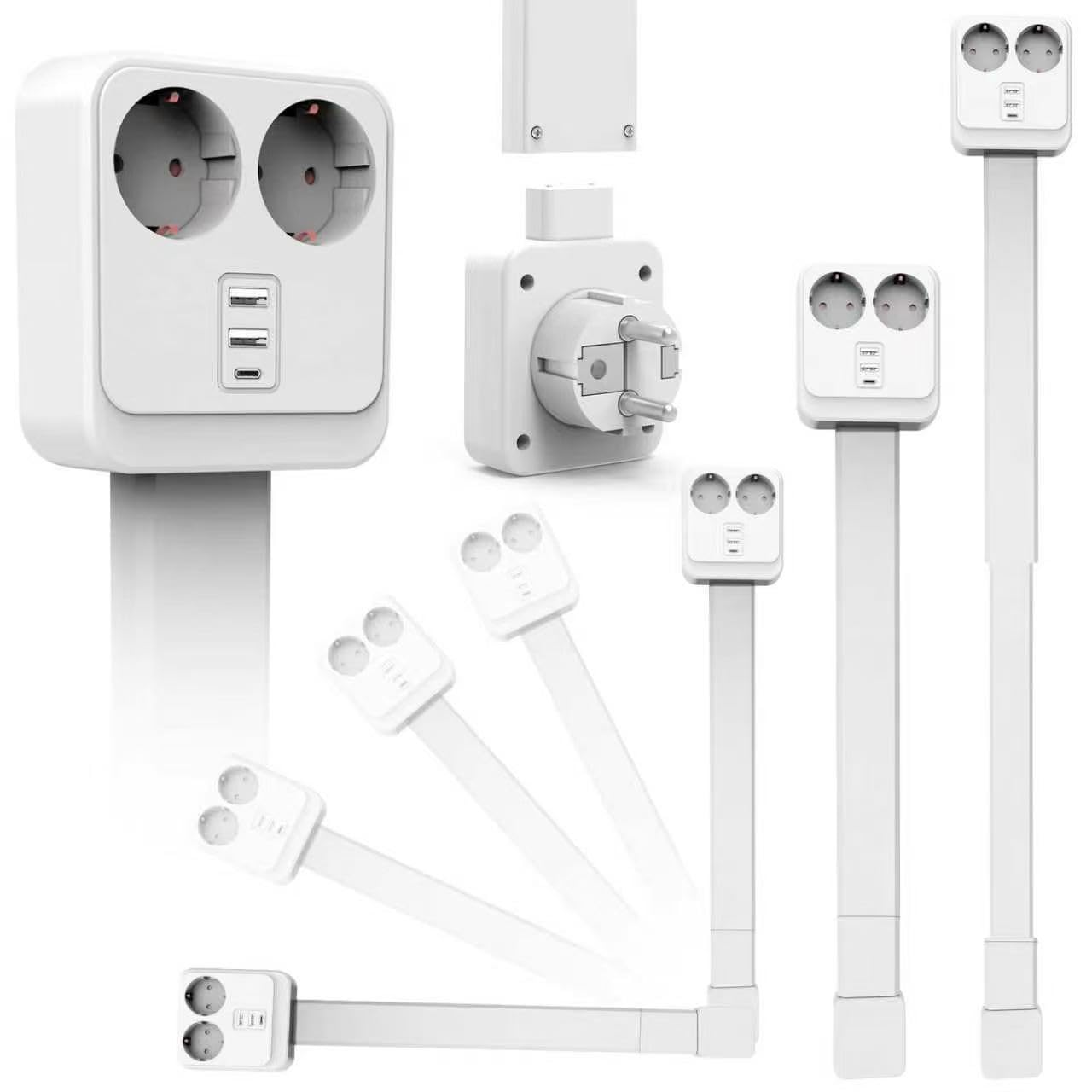Multiprise Murale Extensible 56-86 cm, Adaptateur Prise 5 en 1 avec USB-C & 2 Prises AC, Tête Rotative 180°, Rallonge Prise Murale Plate pour Canapé, Lit, Bureau - Blanc
