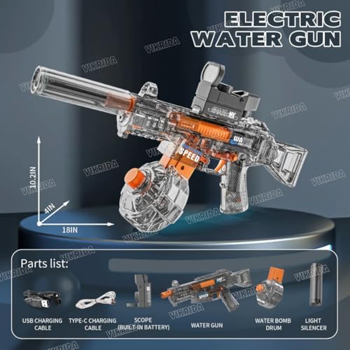 Image of VikriDA Transparent UMP45 Submachine Design Electric Automatic Water Gun Toy with Sensor Light, Powerful Rechargeable Squirt Holi Water Toy Gun Outdoor Play Kids Girls Boys 4+ - 1 Piece Multicolor