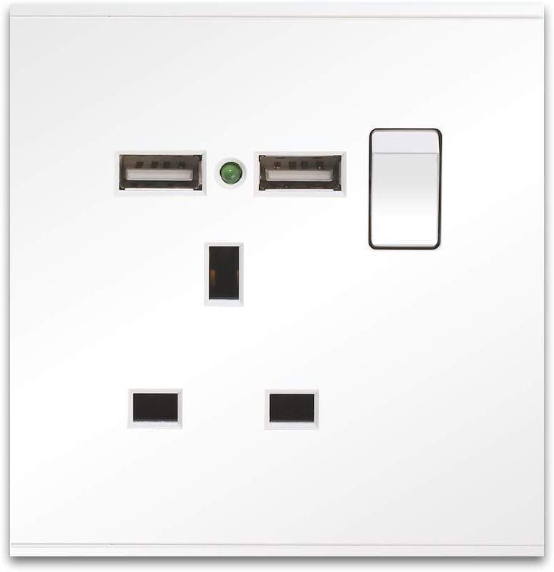 CNBINGO Single Switched Power Socket with 2 USB Charging Ports, Screwless Flat Plate, Power Indicator, 13 Amp, White