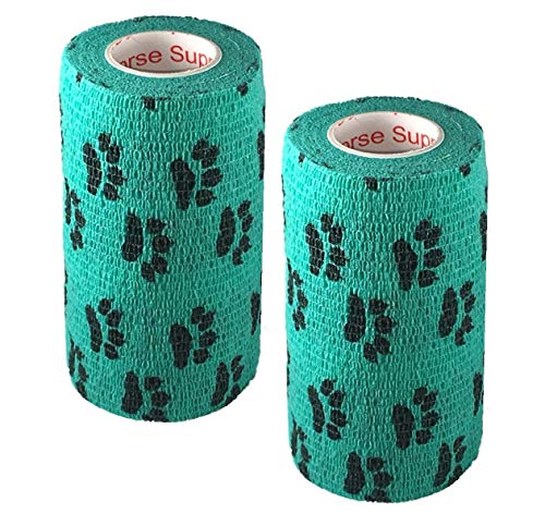 Image of Vet Wrap Wrap Tape (Teal with Paws) (2 Pack) (4 Inch x 15 feet) Self Adhesive Adherent Adhering Cohesive Flex Self Stick Bandage Grip Roll Dog Cat Pet Horse