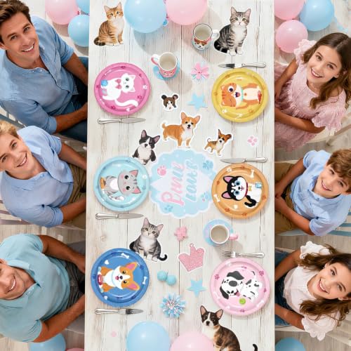 Image of 60Pcs Cat Dog Paper Plate 7 inch Kitten Puppy Heavy Duty Paper Plates | Cute Paw Pet Animal Disposable Dessert Cake Platters for Kids Cat Dog Birthday Baby Shower Party Supplies Decorations