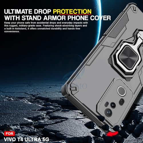Image of AESTMO Armor Back Cover for Vivo T4 Ultra 5G | Ring Holder & Kickstand & Camera Protection in-Built | 360 Degree Protection Back Case Cover (Black)