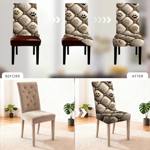 Image of Nuxovilar Beige Paw Print Quilted Stretch 23.6x70in 4PCS Chair Covers | Stretch Slipcover Pet Protector Quilted Wrap Seat Guard Dining Room Family Kitchen Dog Cafe (Beige Paw)