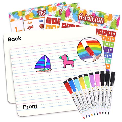 Dry Erase Board, Kids WhiteBoards 9"X12" with 10 Pcs Dry Erase Markers & 4 Pcs Numbers Alphabet Posters, Double Sided Dry Erase Lap Board with Lines/White Board for Kids