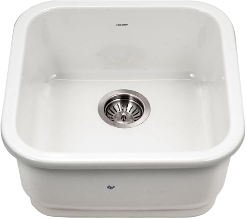 Miniatura 2 de Houzer Platus Fireclay Series Fregadero de barra cuadrada de 19 pulgadas, diseño clásico PTB-1919 WH con colador de cesta de fregadero y rejilla