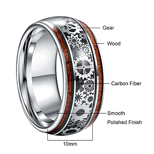 Image of 10mm Silver /Black Tungsten Rings for Men Steampunk Gear Inlay Size 7-14 | Koa Wood, Black Carbon Fiber, Dome Band Ring, for Wedding, Anniversary, Everyday Wear, Comfort Fit