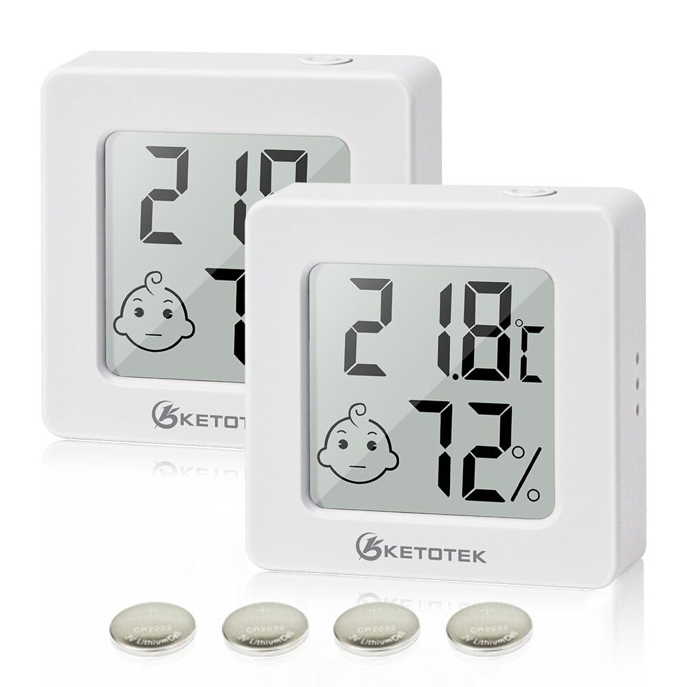 KETOTEK 2 Pack Indoor Hygrometer Room Thermometer Digital Mini Humidity Meter Temperature Monitor with Climate Indicator for Baby Room Greenhouse