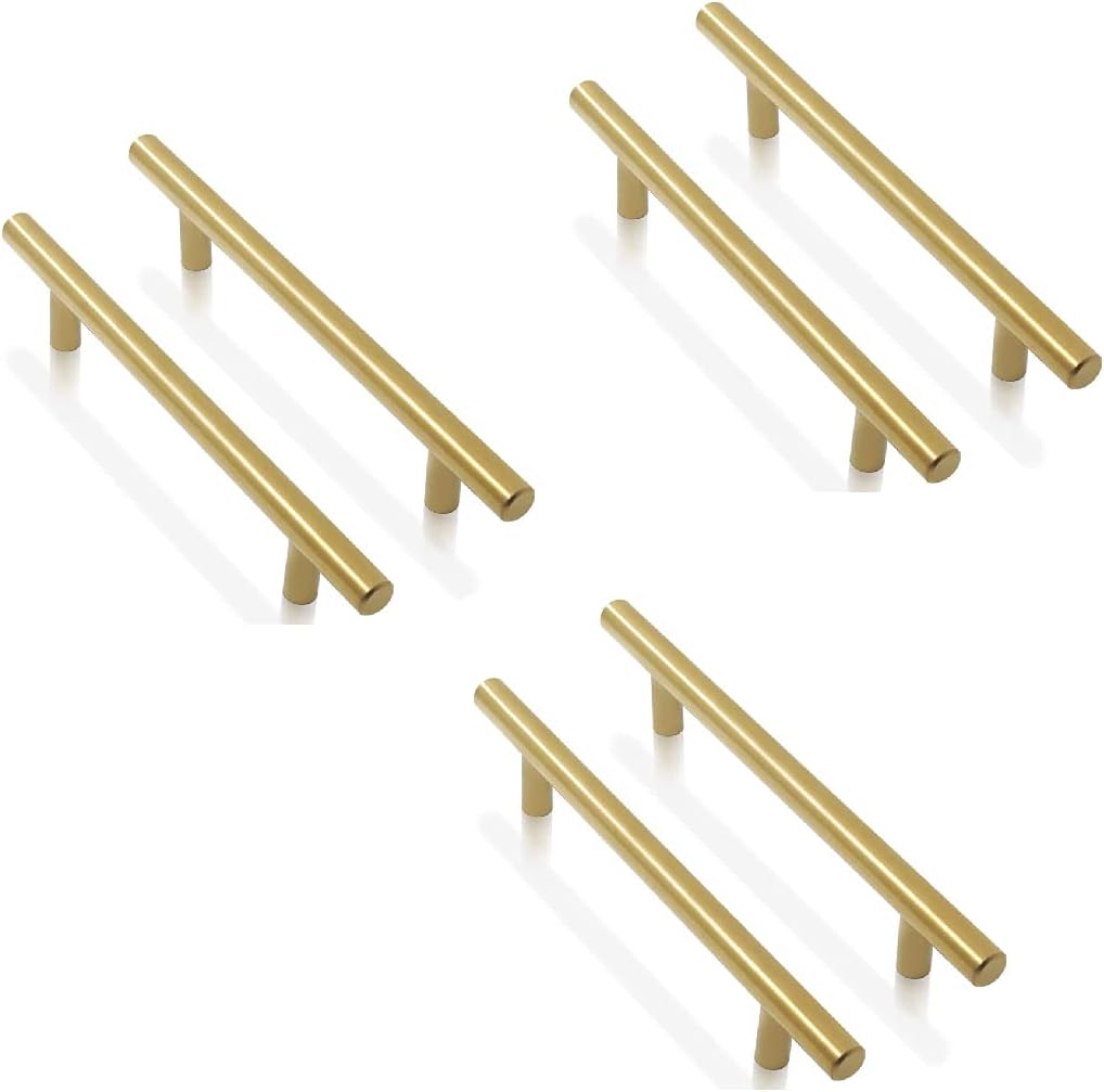 ANSIEDIO 6 Pack Gold Cabinet Handles 128mm - Kitchen Cupboard T Bar Pulls for Bathroom Wardrobe - Stainless Steel