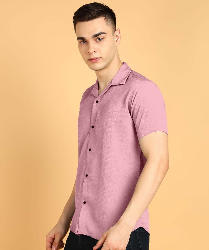 Image of COMBRAIDED Men's Solid Cotton Blend Half Sleeve Shirt - Regular Fit Casual Button-Down Shirt for Office & Travel - Summer & Spring