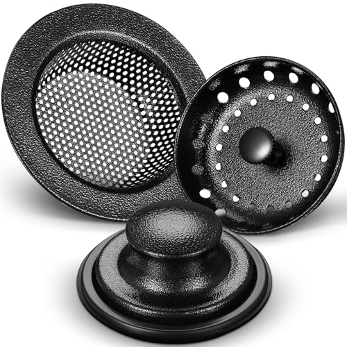 Mudder 3 Pcs Kitchen Sink Drain Strainer and Stopper Stainless Steel Garbage Disposal Plug with Handle Universal Anti-Clogging Kitchen Sink Filter Sieve Basket Strainer(Black Texture)