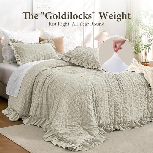 Image of JOLLYVOGUE King Size Comforter Set, 3 Pieces Oatmeal Seersucker Comforters King Size, Lightweight & Fluffy Bedding Sets King for All Season with 1 Ruffle Comforter and 2 Ruffle Pillowshams