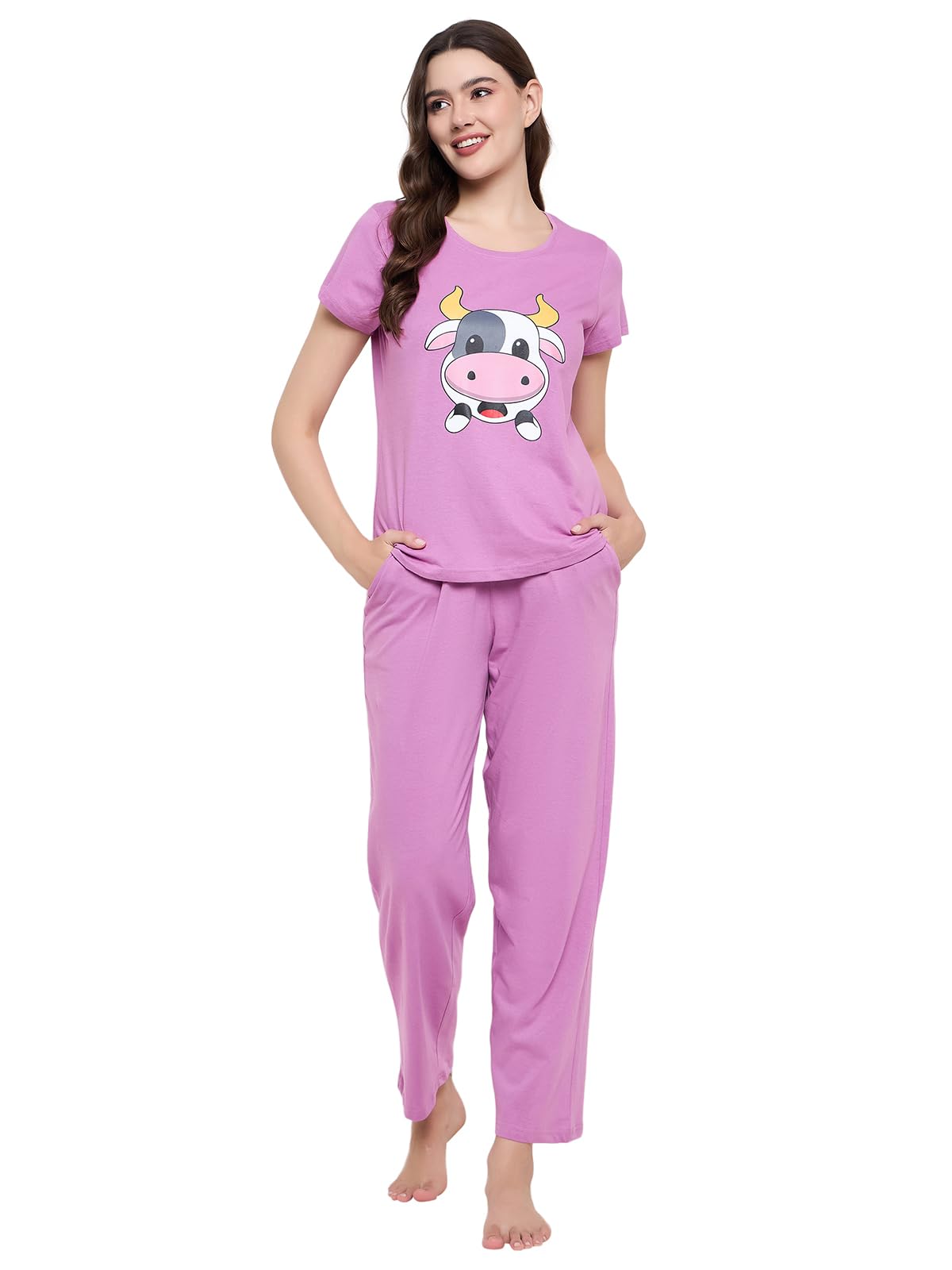 clovia Women's Cotton Printed Top & Basic Pajama Set-picture-13
