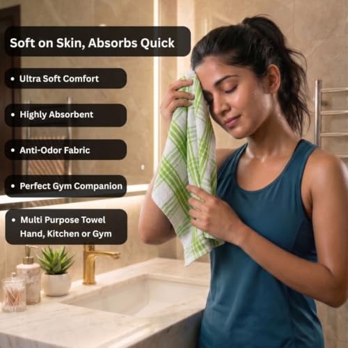 Image of Athom Living Premium Hand Towels- Cotton, 400 GSM, Ultra Soft, Quick Dry, Highly Absorbent | for Hand, Kitchen and Gym | 60 * 40 cm, Pack of 4 (Green Strips)